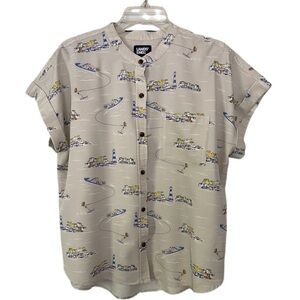 Lands' End Button Down Shirt Cuffed Short Sleeves Nautical Scenes Pattern Size L